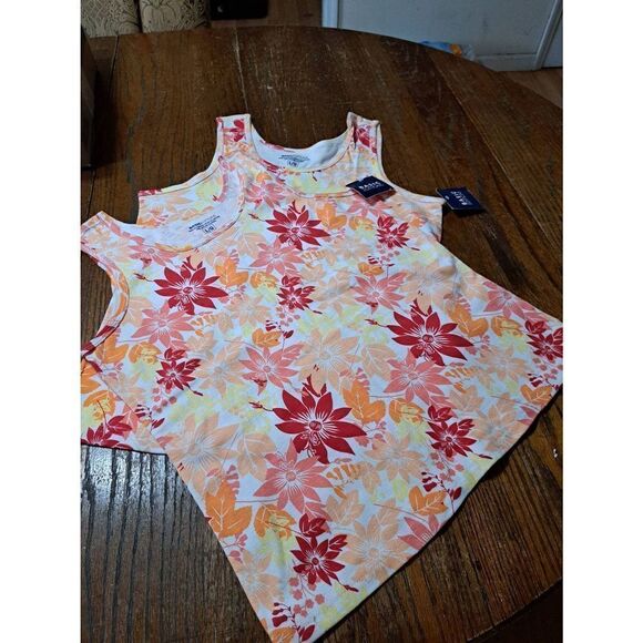 New Large Basic Editions Sleeveless Cotton Floral Tank Top Red Coral Yellow NWT - Picture 1 of 7